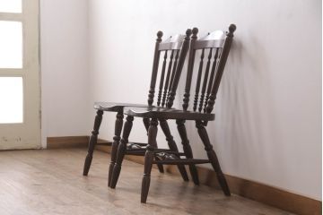 中古　松本民芸家具　16型スピンドルチェア　ゆったりと座れるダイニングチェア2脚セット(板座チェア、椅子、イス)(R-068202)