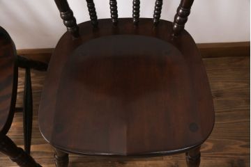 中古　松本民芸家具　16型スピンドルチェア　ゆったりと座れるダイニングチェア2脚セット(板座チェア、椅子、イス)(R-068202)