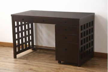 中古　美品!!　星野民芸(星野民藝)　落ち着いたシックな色合いが魅力のデスクとワゴンのセット(机、ワークデスク、作業台、在宅用、在宅ワーク、サイドキャビネット、サイドチェスト)(R-068217)