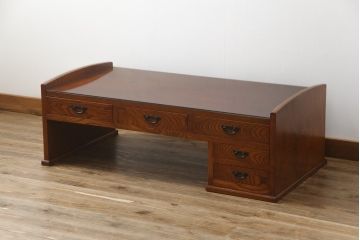 中古　最高級品　国産職人手造り　漆塗り　木目が美しい大振りで重厚な片袖机(座机、文机、ローテーブル、センターテーブル、作業台、ワークデスク、在宅用、在宅ワーク用)(R-068228)