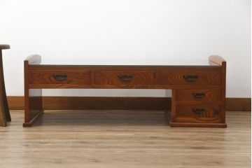 中古　最高級品　国産職人手造り　漆塗り　木目が美しい大振りで重厚な片袖机(座机、文机、ローテーブル、センターテーブル、作業台、ワークデスク、在宅用、在宅ワーク用)(R-068228)