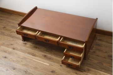 中古　最高級品　国産職人手造り　漆塗り　木目が美しい大振りで重厚な片袖机(座机、文机、ローテーブル、センターテーブル、作業台、ワークデスク、在宅用、在宅ワーク用)(R-068228)
