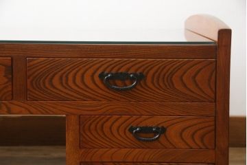 中古　最高級品　国産職人手造り　漆塗り　木目が美しい大振りで重厚な片袖机(座机、文机、ローテーブル、センターテーブル、作業台、ワークデスク、在宅用、在宅ワーク用)(R-068228)