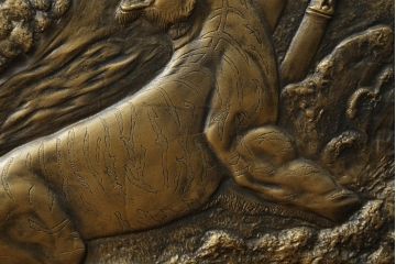 中古　銅板　彫金　枠欅(ケヤキ)材　武運　長久　阿吽　迫力ある龍虎の図が魅力的な小振りの衝立て(つい立て、衝い立て、パーテーション、間仕切り、店舗什器)(R-068240)
