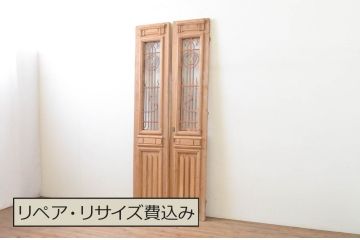 海外アンティーク　パイン材　アイアンフェンス入り背の高い両開きドア1対2枚セット(建具、木製扉)(R-068253)