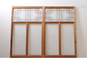 アンティーク建具　レトロなお部屋作りにおすすめな組子入りガラス戸2枚セット(引き戸)(R-068278)
