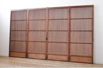 アンティーク建具　上手物!! 高級品 腰板欅(ケヤキ)材 丸面取り縦格子の幅狭格子戸4枚セット(引き戸)(R-068280)