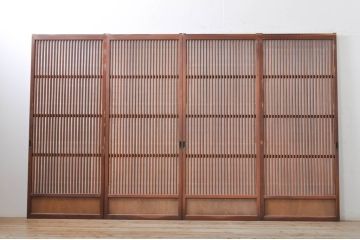 アンティーク建具　上手物!! 高級品 腰板欅(ケヤキ)材 丸面取り縦格子の幅狭格子戸4枚セット(引き戸)(R-068280)