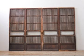 アンティーク建具　腰板欅(ケヤキ)材　どこか懐かしい雰囲気の裏障子付き幅狭格子戸4枚セット(引き戸、障子戸、ガラス帯戸)(R-068281)