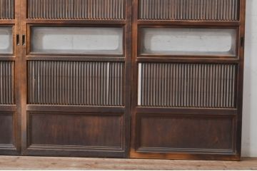 アンティーク建具　腰板欅(ケヤキ)材　どこか懐かしい雰囲気の裏障子付き幅狭格子戸4枚セット(引き戸、障子戸、ガラス帯戸)(R-068281)