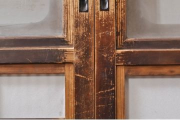 アンティーク建具　腰板欅(ケヤキ)材　どこか懐かしい雰囲気の裏障子付き幅狭格子戸4枚セット(引き戸、障子戸、ガラス帯戸)(R-068281)