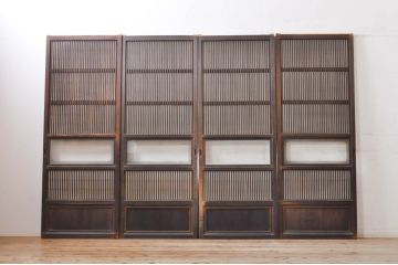 アンティーク建具　腰板欅(ケヤキ)材　どこか懐かしい雰囲気の裏障子付き幅狭格子戸4枚セット(引き戸、障子戸、ガラス帯戸)(R-068282)