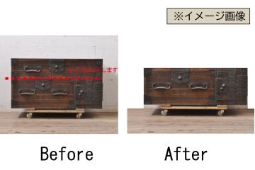 和製アンティーク　上手物!!　取り入れやすいサイズに生まれ変わる!金具の立派な総桐箪笥ローボード(総桐たんす、和タンス、収納たんす、テレビボード、テレビ台、ローチェスト、引き出し)(R-068352)