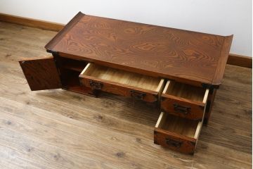 中古　岩谷堂箪笥　立派な金具と迫力のある木目が存在感を放つ文机(両袖机、座机、ローテーブル、デスク、在宅ワーク用、在宅用)(R-068366)