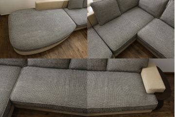 中古　美品　arflex(アルフレックス)　GRAN(グラン)　サイドテーブル付き　レーザーとファブリックの組み合わせがお洒落なクッション付きシステムソファ(本革、カウチソファ、コーナーソファ、ラウンドソファ、アームソファ)(R-068386)