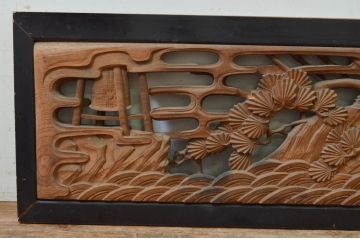 アンティーク建具　井波彫刻　欅(ケヤキ)材　躍動感あふれる風景と松の彫刻が目を惹く両面彫刻欄間2枚セット(明り取り、明かり取り)(R-068408)