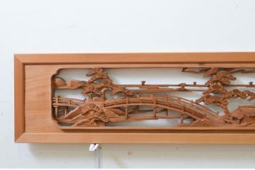 アンティーク建具　松の木と風情ある風景の彫刻が美しい両面彫刻欄間2枚セット(明り取り、明かり取り)(R-068411)