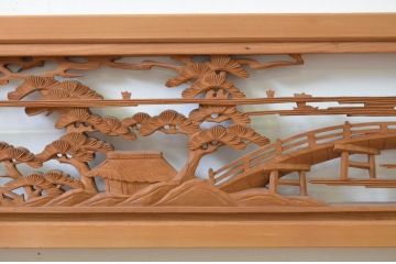 アンティーク建具　松の木と風情ある風景の彫刻が美しい両面彫刻欄間2枚セット(明り取り、明かり取り)(R-068411)