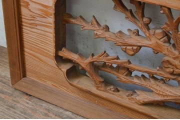 ビンテージ建具　躍動感ある松竹梅が美しい両面彫刻欄間2枚セット(明り取り、明かり取り、ヴィンテージ)(R-068414)