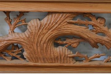ビンテージ建具　躍動感ある松竹梅が美しい両面彫刻欄間2枚セット(明り取り、明かり取り、ヴィンテージ)(R-068414)