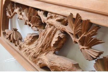アンティーク建具　井波彫刻　土田秀雄作　迫力ある松竹梅が美しい両面彫刻欄間2枚セット(明り取り、明かり取り、在銘)(R-068415)
