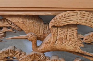 アンティーク建具　井波彫刻　茂一刀　躍動感あふれる鶴と松が素晴らしい両面彫刻欄間2枚セット(明り取り、明かり取り、在銘)(R-068418)