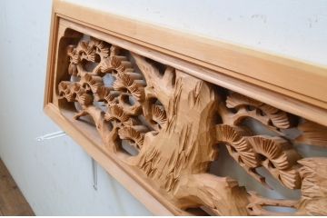 アンティーク建具　井波彫刻　茂一刀　躍動感あふれる鶴と松が素晴らしい両面彫刻欄間2枚セット(明り取り、明かり取り、在銘)(R-068418)