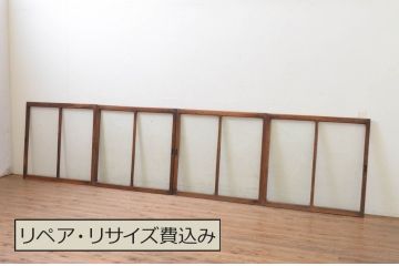 アンティーク建具　総欅(ケヤキ)材　お部屋に取り入れやすいシンプルなガラス窓4枚セット(引き戸、ガラス戸)(R-068428)
