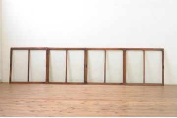 アンティーク建具　総欅(ケヤキ)材　お部屋に取り入れやすいシンプルなガラス窓4枚セット(引き戸、ガラス戸)(R-068428)