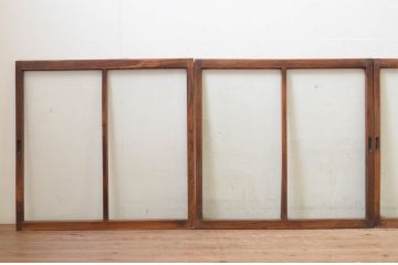 アンティーク建具　総欅(ケヤキ)材　お部屋に取り入れやすいシンプルなガラス窓4枚セット(引き戸、ガラス戸)(R-068428)