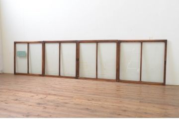 アンティーク建具　総欅(ケヤキ)材　お部屋に取り入れやすいシンプルなガラス窓4枚セット(引き戸、ガラス戸)(R-068429)