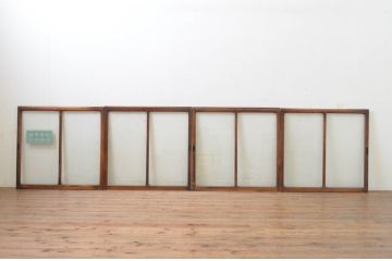 アンティーク建具　総欅(ケヤキ)材　お部屋に取り入れやすいシンプルなガラス窓4枚セット(引き戸、ガラス戸)(R-068429)