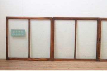 アンティーク建具　総欅(ケヤキ)材　お部屋に取り入れやすいシンプルなガラス窓4枚セット(引き戸、ガラス戸)(R-068429)
