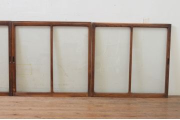 アンティーク建具　総欅(ケヤキ)材　お部屋に取り入れやすいシンプルなガラス窓4枚セット(引き戸、ガラス戸)(R-068429)
