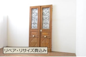 海外アンティーク　オーク材　かわいらしいデザインのアイアンフェンス入り背の高い両開きドア1対2枚セット(建具、木製扉)(R-068468)