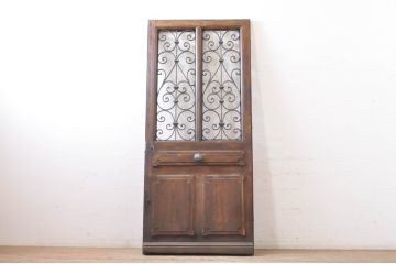海外アンティーク　オーク材　特大!!かわいいデザインのアイアンフェンス入りドア1枚(建具、木製扉)(R-068509)