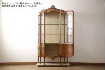 中古　高級品!!　マホガニー材　繊細な装飾と真鍮飾りが美しい大振りのキャビネット(キュリオケース、ガラスケース、ショーケース、飾り棚、陳列棚、Gケース、店舗什器)(R-068548)