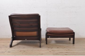和製ビンテージ　CONDE HOUSE(カンディハウス)　Hock(ホック)　落ち着いた寛ぎの空間づくりにおすすめな1人掛けレザーソファとオットマンのセット(1人掛けソファ、1Pソファ、椅子、イス、フットスツール、ヴィンテージ)(R-068643)