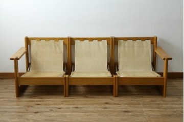 和製ビンテージ　富士ファニチャー　牛革　ゆったりとしたくつろぎの時間を演出するセパレートスタイルの3人掛けソファ　(R-068662)