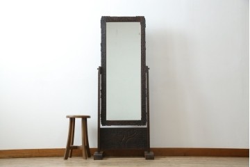 和製ヴィンテージ　伝統工芸　軽井沢彫り　咲き誇る桜の彫刻が美しいスタンドミラー　(R-068685)