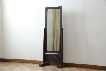 和製ヴィンテージ　伝統工芸　軽井沢彫り　咲き誇る桜の彫刻が美しいスタンドミラー　(R-068685)