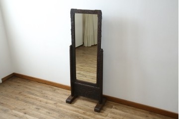 和製ヴィンテージ　伝統工芸　軽井沢彫り　咲き誇る桜の彫刻が美しいスタンドミラー　(R-068685)