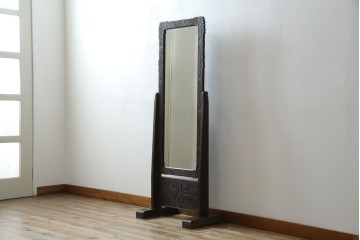 和製ヴィンテージ　伝統工芸　軽井沢彫り　咲き誇る桜の彫刻が美しいスタンドミラー　(R-068685)