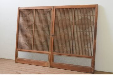 アンティーク建具　上品な和の空間を演出させる組子入りガラス窓2枚セット(引き戸、ガラス戸)(R-068711)