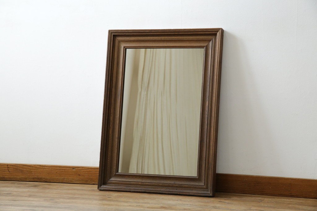 和製アンティーク　大正ロマン　古い欅(ケヤキ)材のフレームがシンプルなデザインで取り入れやすいウォールミラー　(R-068716)