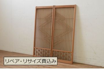 アンティーク建具　片面ガラス　落ち着いた和の雰囲気を演出する組子入り書院戸2枚セット(引き戸、ガラス戸、窓)(R-068718)