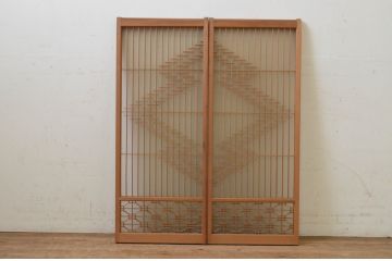 アンティーク建具　片面ガラス　落ち着いた和の雰囲気を演出する組子入り書院戸2枚セット(引き戸、ガラス戸、窓)(R-068718)
