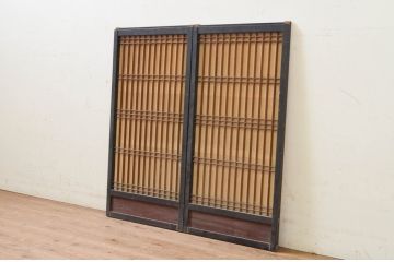 アンティーク建具　黒枠　上質な和の空間を演出する書院障子戸2枚セット(引き戸、書院戸、窓)(R-068719)