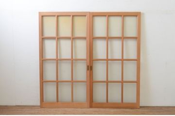 ビンテージ建具　昭和レトロ　マス目(升目)　どこか懐かしい佇まいが魅力のガラス戸2枚セット(引き戸、ヴィンテージ)(R-068725)