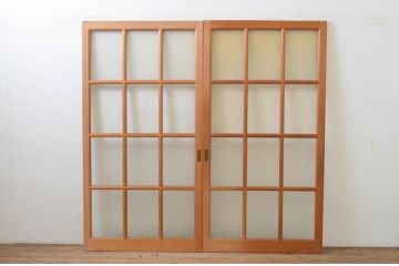 ビンテージ建具　昭和レトロ　マス目(升目)　どこか懐かしい佇まいが魅力のガラス戸2枚セット(引き戸、ヴィンテージ)(R-068725)